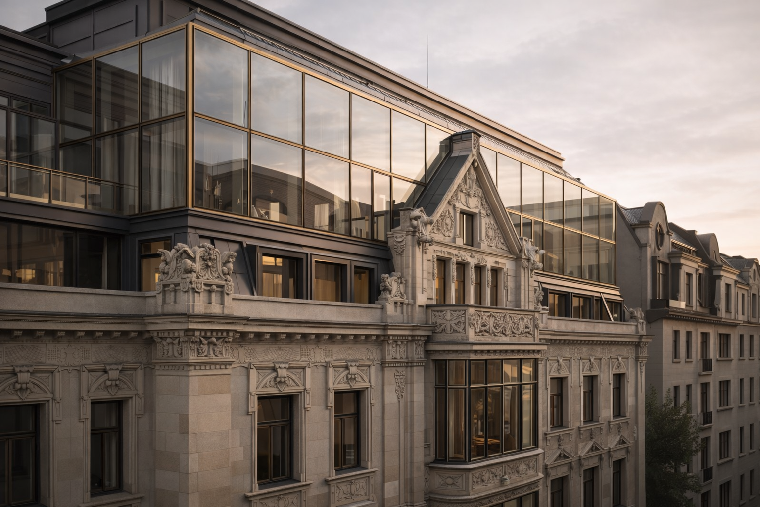 Historische Fassade mit modernen Glaselementen